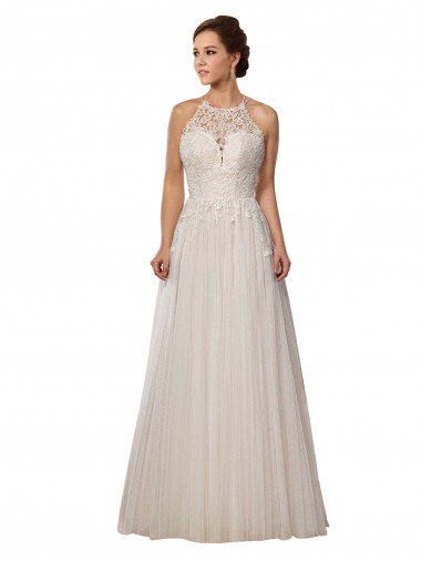 Online Illusion Halter Lace Boho Wedding Dress with Plunging Sweetheart Bodice