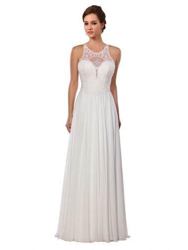 Online Illusion Neck A-Line Lace and Chiffon Beach Wedding Dress