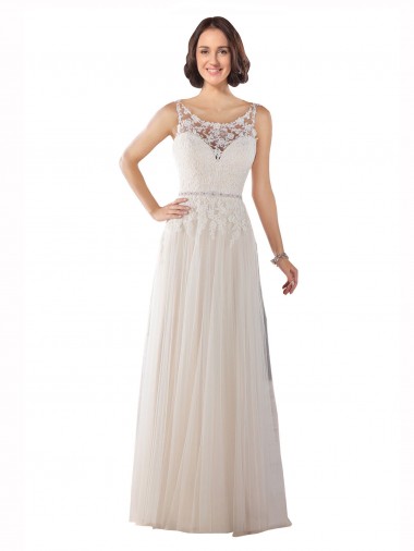 Online High Lace Neck Illusion Back Tulle Boho Wedding Dress