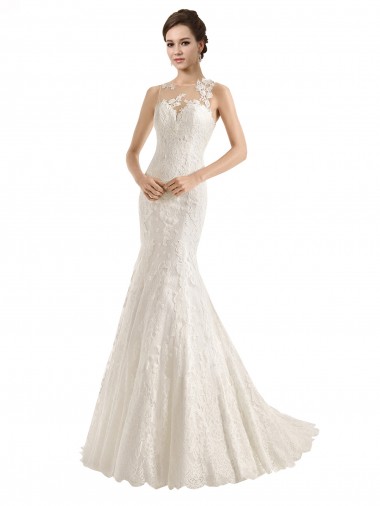 Online Illusion Neck Mermaid All Over Lace Wedding Dress