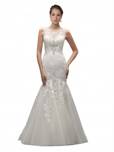 Online Illusion High Neck Mermaid Lace Wedding Dress
