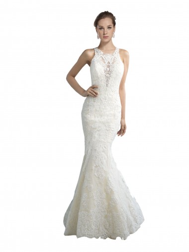 Online Deep Illusion Neck Mermaid Tulle Beach Wedding Dress with All Over Lace