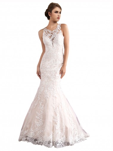 Online Illusion Neck Fit and Flare Tulle Wedding Dress with All Over Lace