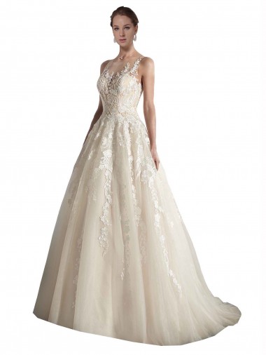 Online Illusion Neck A-Line Tulle Wedding Dress