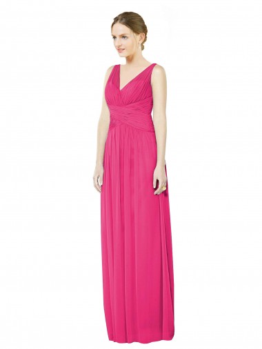 Online Sleeveless V-Neck Long Chiffon Bridesmaid Dress with V-Back