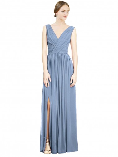Online Sleeveless Draped Chiffon Maxi Bridesmaid Dress with Front Slit
