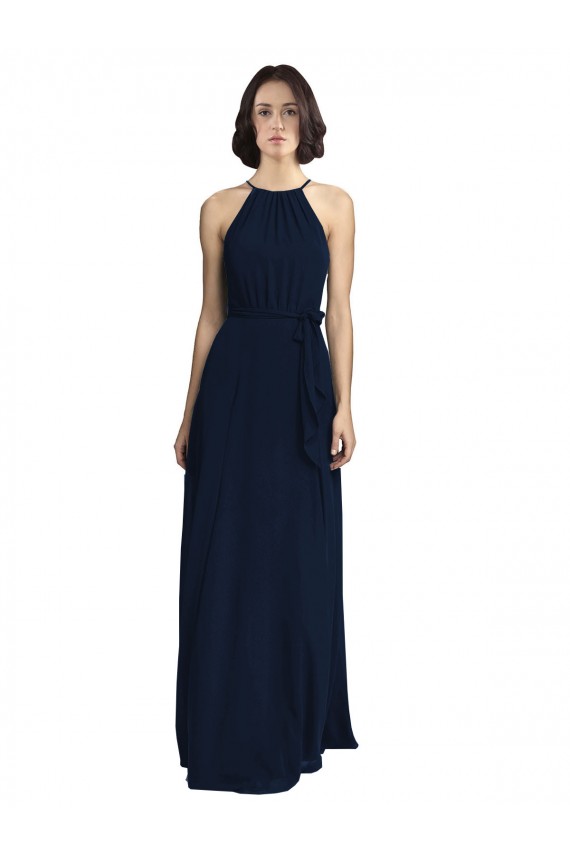 High Neckline Floor Length Chiffon Bridesmaid Dress with Belt