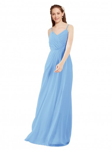 Online Pleated Low Back Long V-Neck Chiffon Bridesmaid Dress with Thin Straps