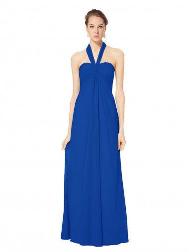Online Sleeveless Long Chiffon Empire Gown with Pleated Halter Straps