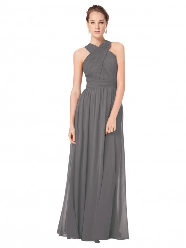 Online Long Chiffon Halter Bridesmaid Dress Keyhole Back