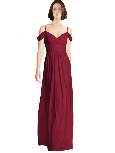 Online Off the Shoulder Long Chiffon Bridesmaid Dress with Pleated Sleeves