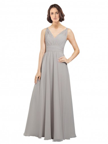 Online Twist Shouder Full Chiffon Bridesmaids Dress with V-Neckline and V-Back