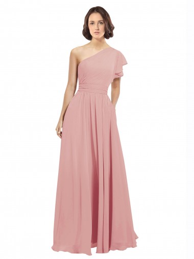 Online Chiffon Bridesmaids Dress with One Shoulder Flounced Sleeve
