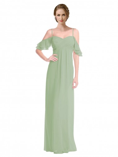 Online Long Chiffon Off-The-Shoulder Bridesmaid Dress with Double Flounce Sleeves