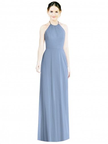 Online Halter Neck Tie Back Long Chiffon Bridesmaid Dress