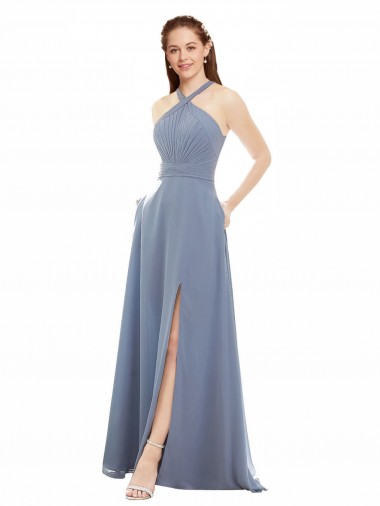 Online High Neck Chiffon Bridesmaid Dress with Draped Bodice & Pockets
