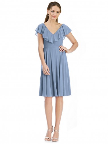 Online Cocktail Length V-Neck V-Back Short Chiffon Bridesmaid Dress
