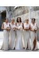Chiffon Long Champagne Bridesmaid Dresses with Sexy High Slit and Front Ruffles