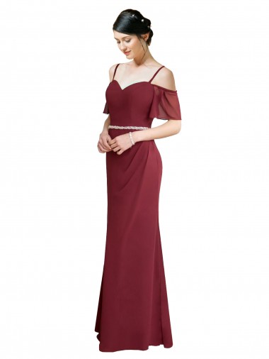 Online Draped Cold Shoulder Long Chiffon Bridesmaid Dress with Spaghetti Straps