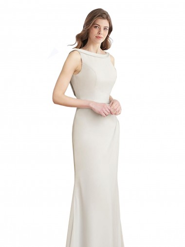 Online Long Chiffon Bridesmaid Dress with Boat Neckline and Satin Collar