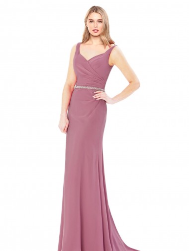 Online Long Slim Chiffon Bridesmaid Dress / Prom Dress with Beaded Waist