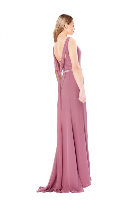 Long Slim Chiffon Bridesmaid Dress / Prom Dress with Beaded Waist