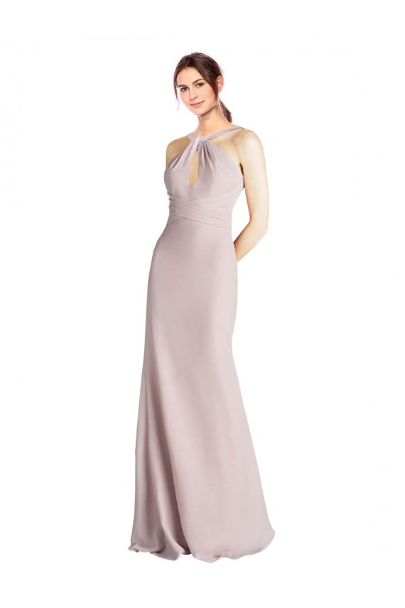 Long Slim Chiffon Bridesmaid Dress with Ruffled Waist and Keyhole