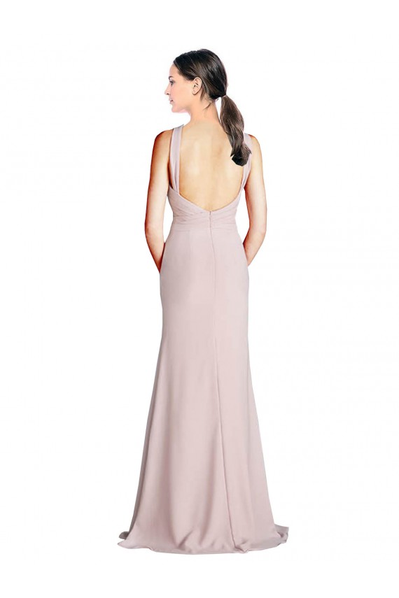Long Slim Chiffon Bridesmaid Dress with Ruffled Waist and Keyhole