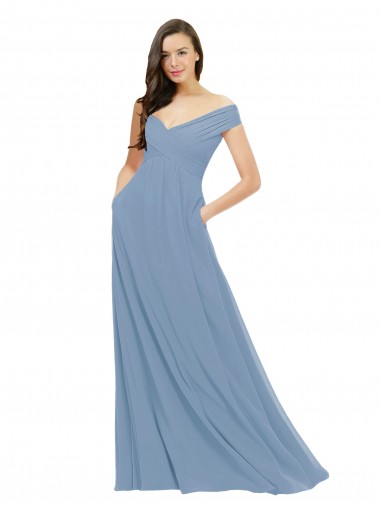 Online Chiffon Bridesmaid Dress with Classic Off the Shoulder Neckline