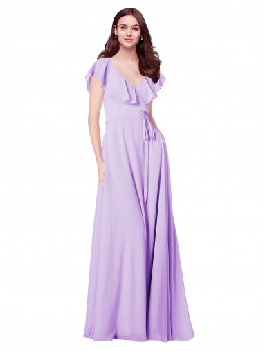 Online Flutter Sleeves V-Neck Chiffon Bridesmaid Dress