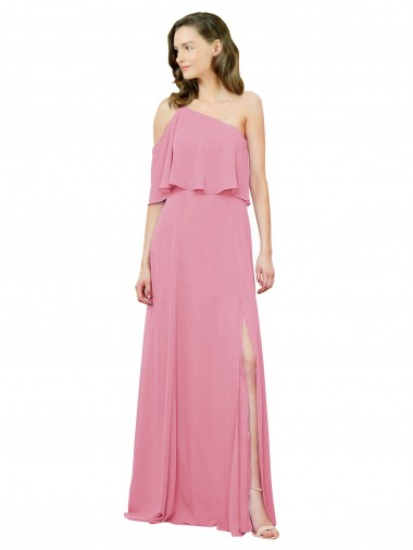 Online Sleeved One Shoulder Chiffon Bridesmaids Dress with Draped Ruffle Overlay