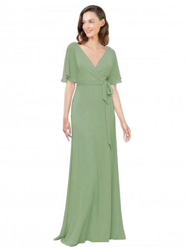 Online Chiffon V-Neckline Wrap Bridesmaids Dress With Double Flutter Sleeve