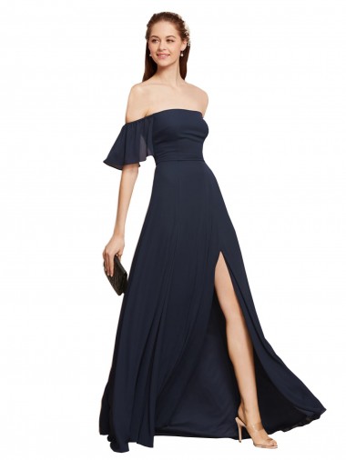 Online Off the Shoulder Floaty Sleeves Chiffon Bridesmaid Dress / Prom Dress with High Slit
