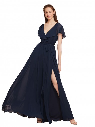 Online Long V-Neck Chiffon Bridesmaid Dress with Slit and V-Back