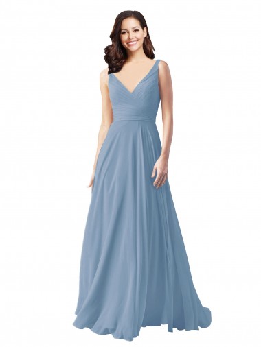 Online Long Chiffon V-Neck and Self Sash Bridesmaid Dress with Shirred Criss Cross Bodice