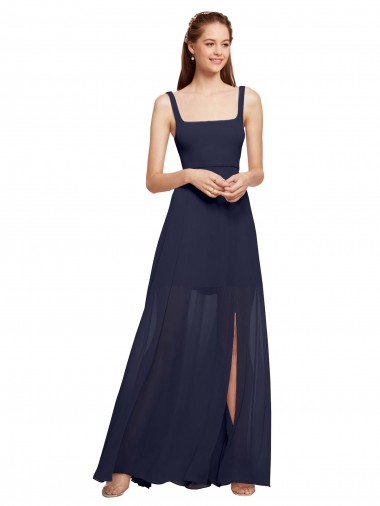 Online Squre Necked Long Chiffon Bridesmaid Dress with Front Slit