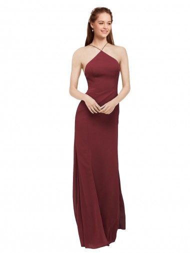 Online High Halter Neck Long Chiffon Bridesmaid Dress with Low Scoop Back