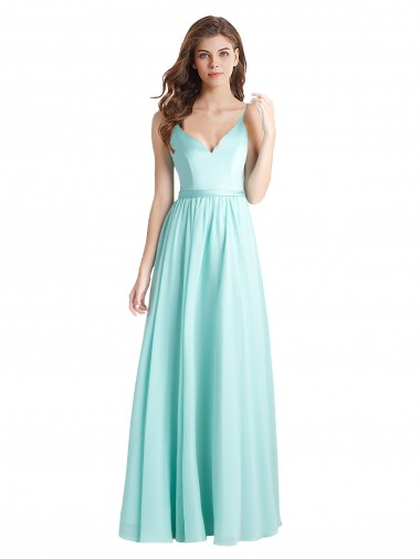 Online Long V-Neck Chiffon Bridesmaid Dress with Satin Bodice