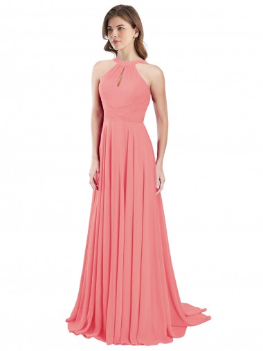 Online Draped A-Line Chiffon Bridesmaid Dress with Halter Keyhole Neckline
