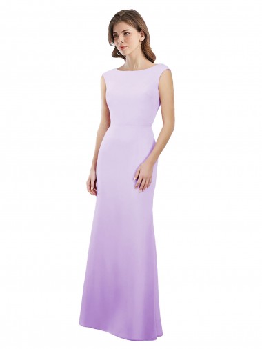 Online Chiffon Column Bridesmaid Dress with High Round Neckline and Cap Sleeves