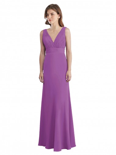 Online V-Shaped Neckline Long Chiffon Bridesmaid Dress with Cascading Ruffles Back