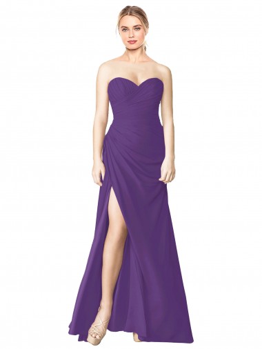 Online Strapless Chiffon Bridesmaid Dress with Pleated Wrap Bodice and Side Slit
