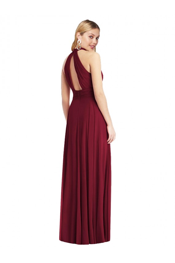 High-Neck Open Back Shirred Halter Maxi Bridesmaid Dress