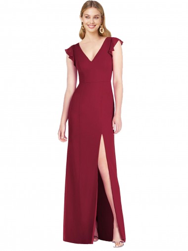 Online Ruffled Sleeves Mermaid Chiffon Bridesmaid Dress with Front Slit