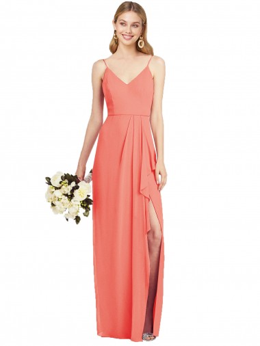 Online Spaghetti Strap Draped Skirt Chiffon Bridesmaid Dress with Front Slit