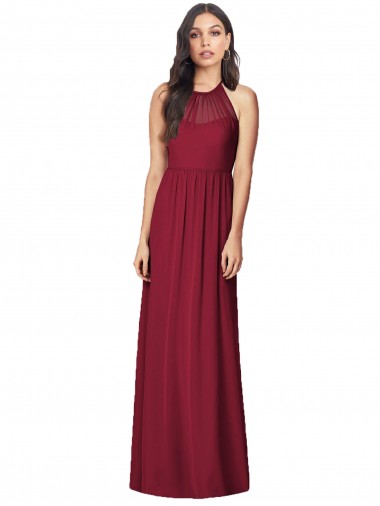 Online Halter Neck Full-Length Shirred Chiffon Bridesmaid Dress