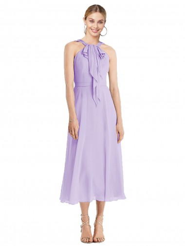 Online Midi Length Halter Plunging V-Back Chiffon Bridesmaid Dress / Cocktail Dress