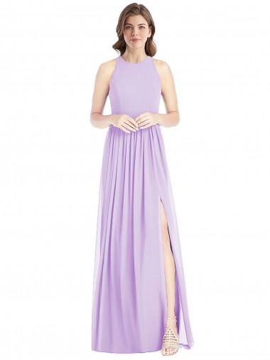 Online Shirred Skirt Jewel Neck Halter Chiffon Bridesmaid Dress with Front Slit