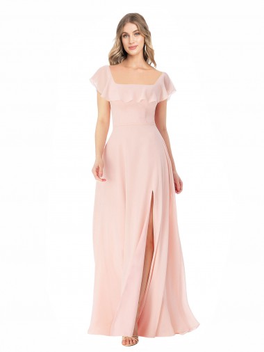 Online Flutter Cap Sleeves Square Neck Ruffle Chiffon Bridesmaid Dress with Pockets
