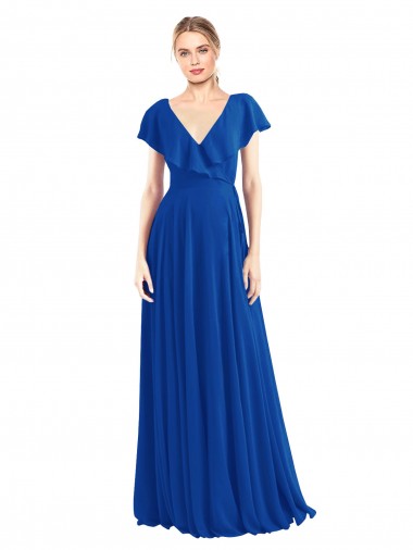 Online V-Neck A-Line Flutter Sleeves Long Chiffon Wrap Style Bridesmaid Dress